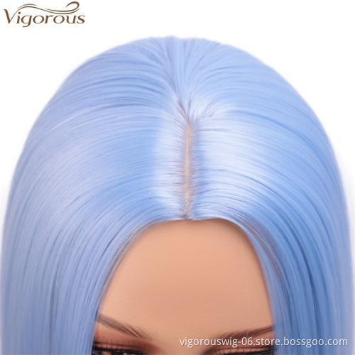 Vigorous Light Blue Synthetic Straight Hair Middle Part Heat Resistant Fashion Short Bob for Women Cosplay Wig